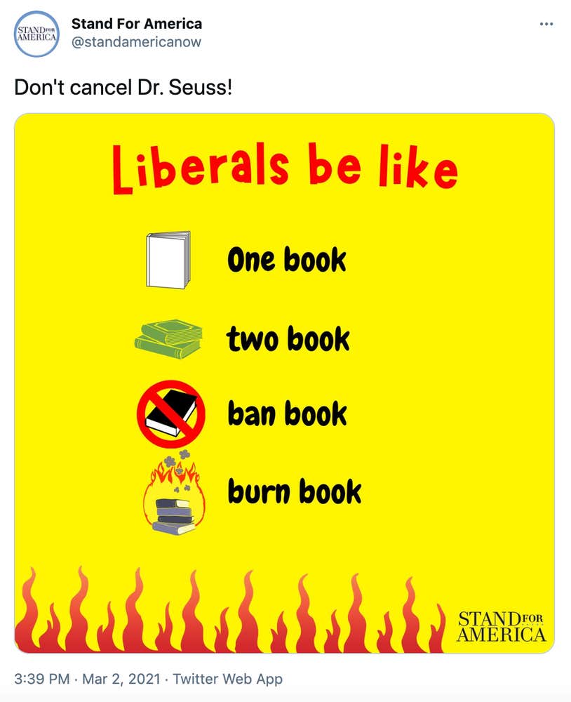 "Don't cancel Dr. Seuss!" yellow graphic with the text 'one book, two book, ban book, burn book'