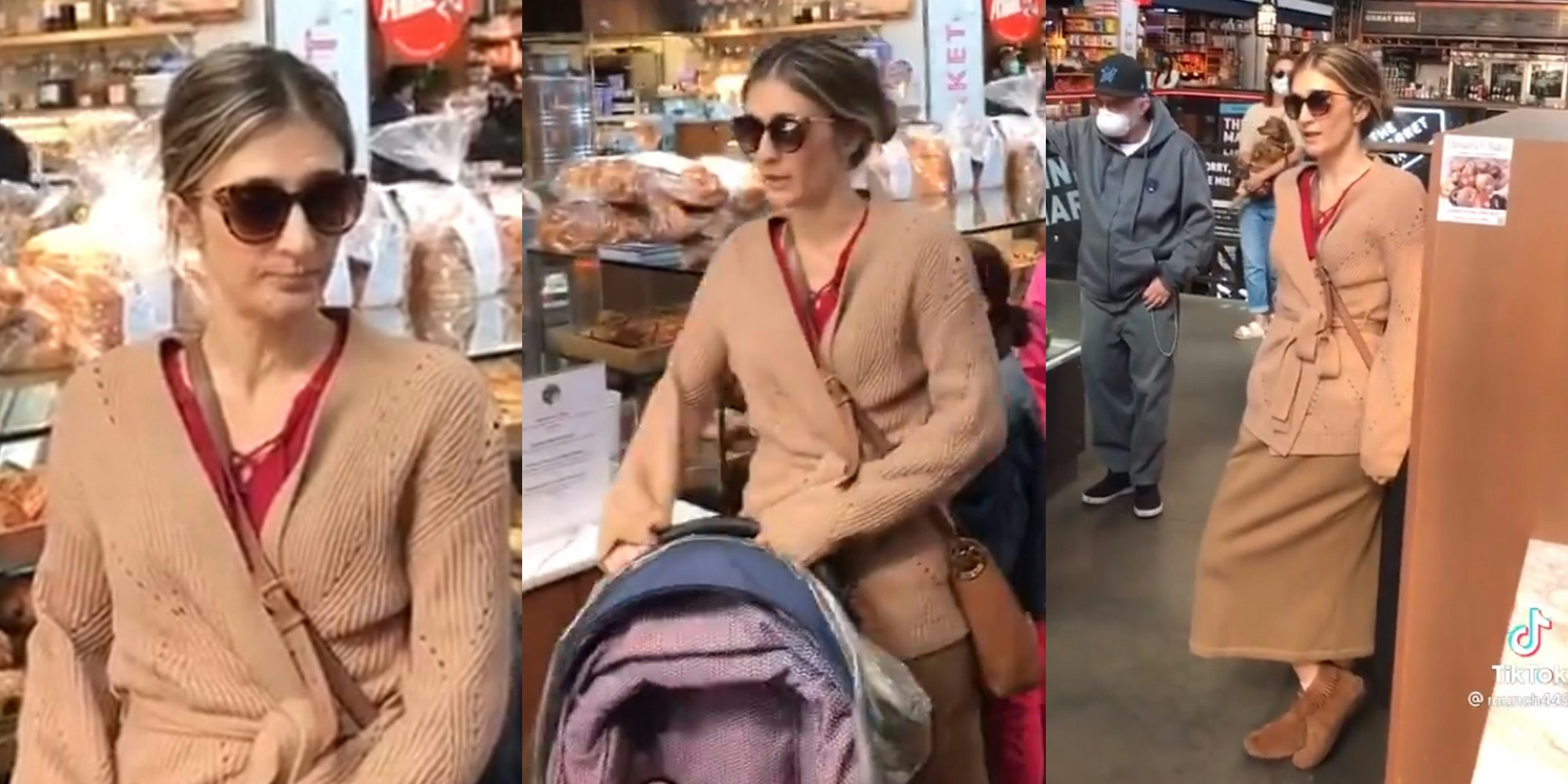 woman in brown sweater in bagel shop