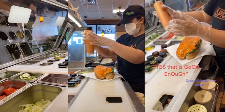 Customer in Subway shop, subway worker squeezing sauce on sandwich, close-up of subway sandwich