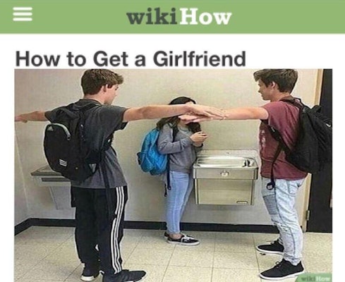 WikiHow page of two boys T-posing in front of a girl labeled "How to get a girlfriend"