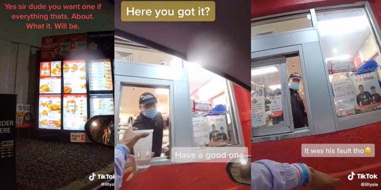 drive-thru order system at a joint kfc and taco bell, fast food worker handing water to customer in drive-thru, fast food worker in drive-thru