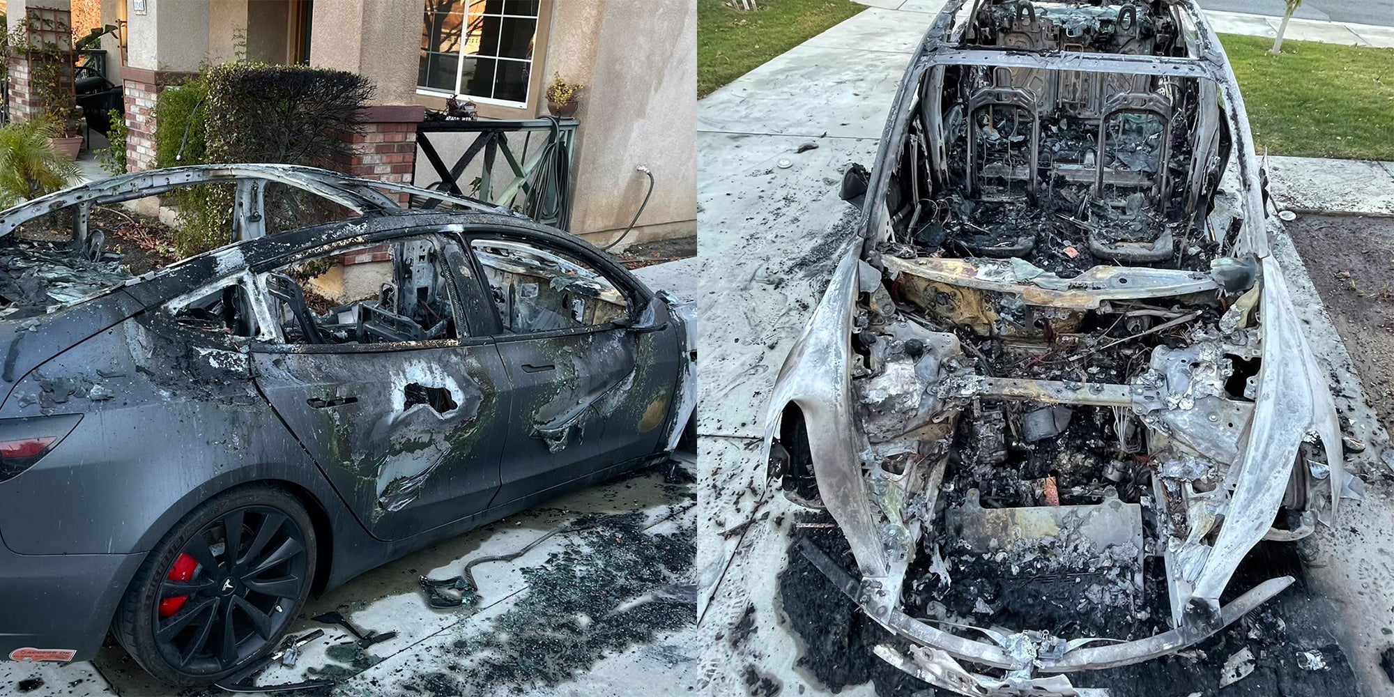 Two pictures of a burned down Tesla that burst into flames while parked