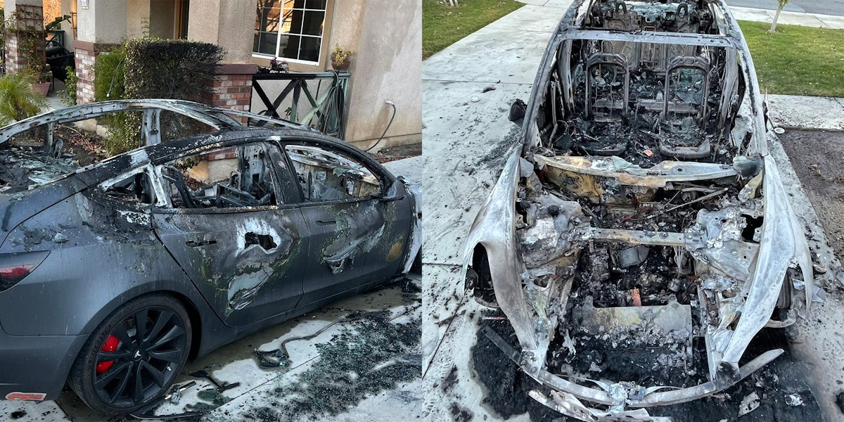 Two pictures of a burned down Tesla that burst into flames while parked