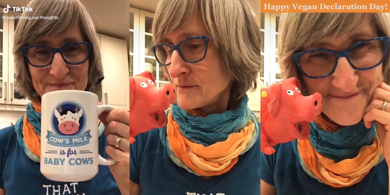 woman drinking from a mug that reads 'Cow's milk is for baby cows' (l) playing with a plastic pig (c) 'Happy Vegan Declaration Day!' cpation with woman smiling holding toy pig
