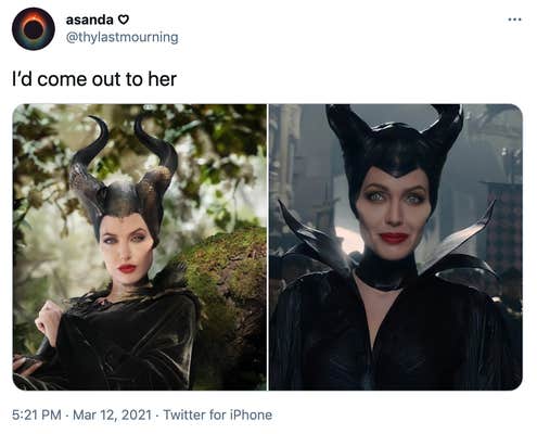"I’d come out to her" two pictures of Angelina Jolie as Maleficiant, one where she's looking aloof and the other where she's smiling