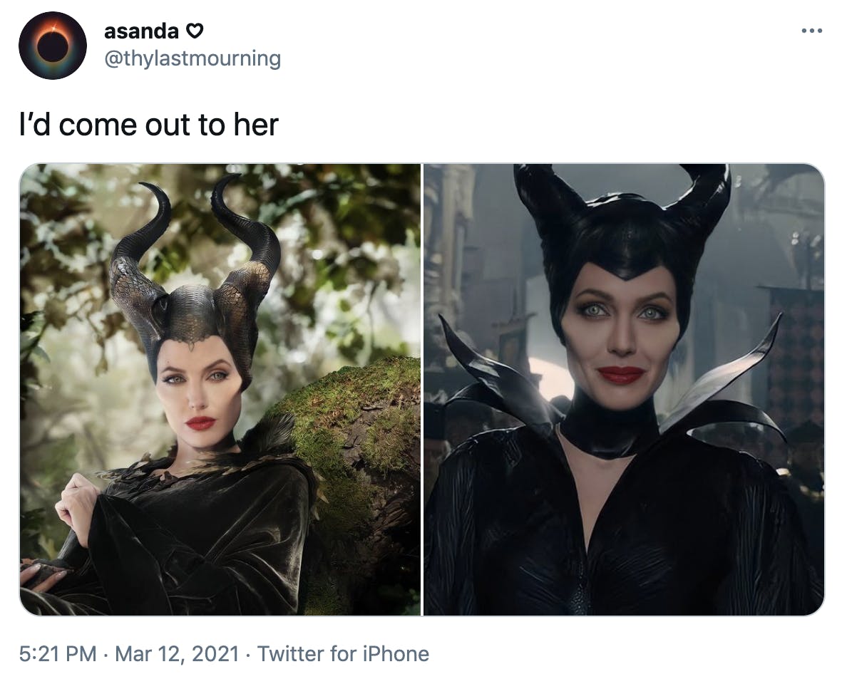 'I’d come out to her' two pictures of Angelina Jolie as Maleficiant, one where she's looking aloof and the other where she's smiling