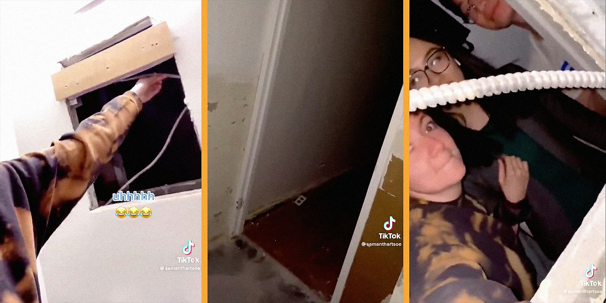 Three screenshots of roommates discovering a room behind a bathroom mirror.