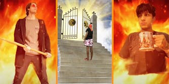 A man standing in fake flames (L), a man standing at heaven's gate (C), and a man drinking coffee in fake flames (R).