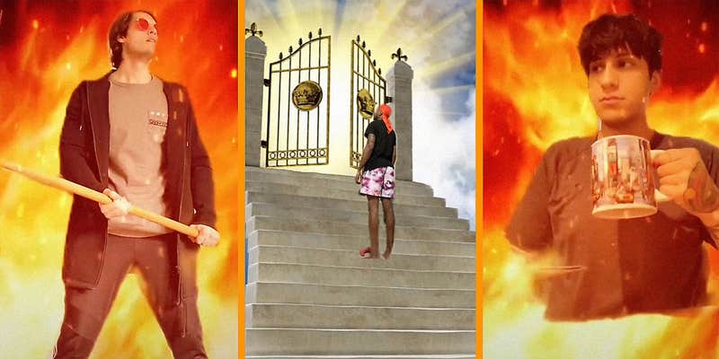 A man standing in fake flames (L), a man standing at heaven's gate (C), and a man drinking coffee in fake flames (R).