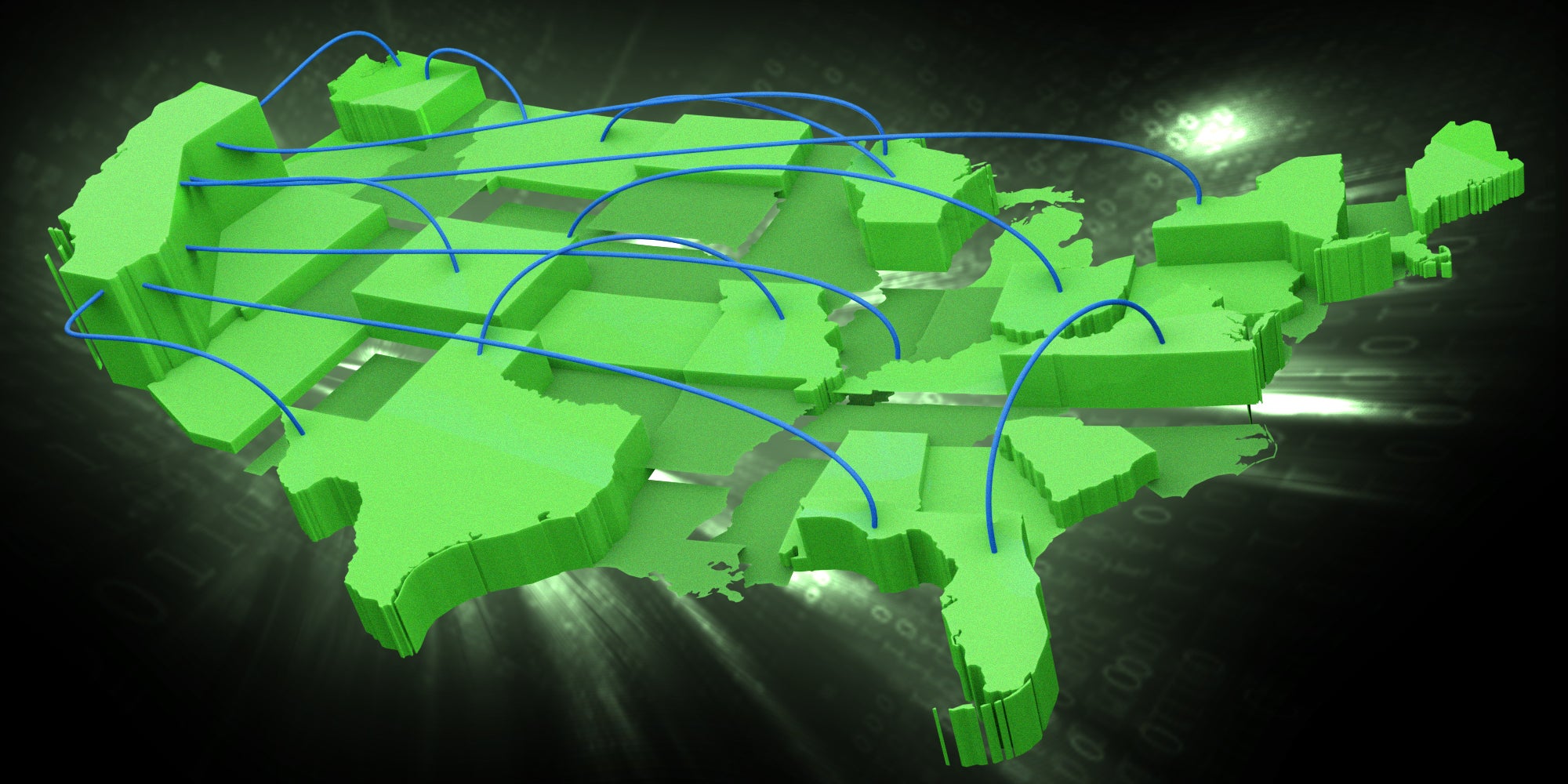 California rising up, with blue cables running from state to state, other states at varying heights with abstract binary background