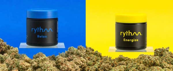 Rythm cannabis products on the left is Bananas and Cream with a blue background. On the right is white durban strain on a yellow background.