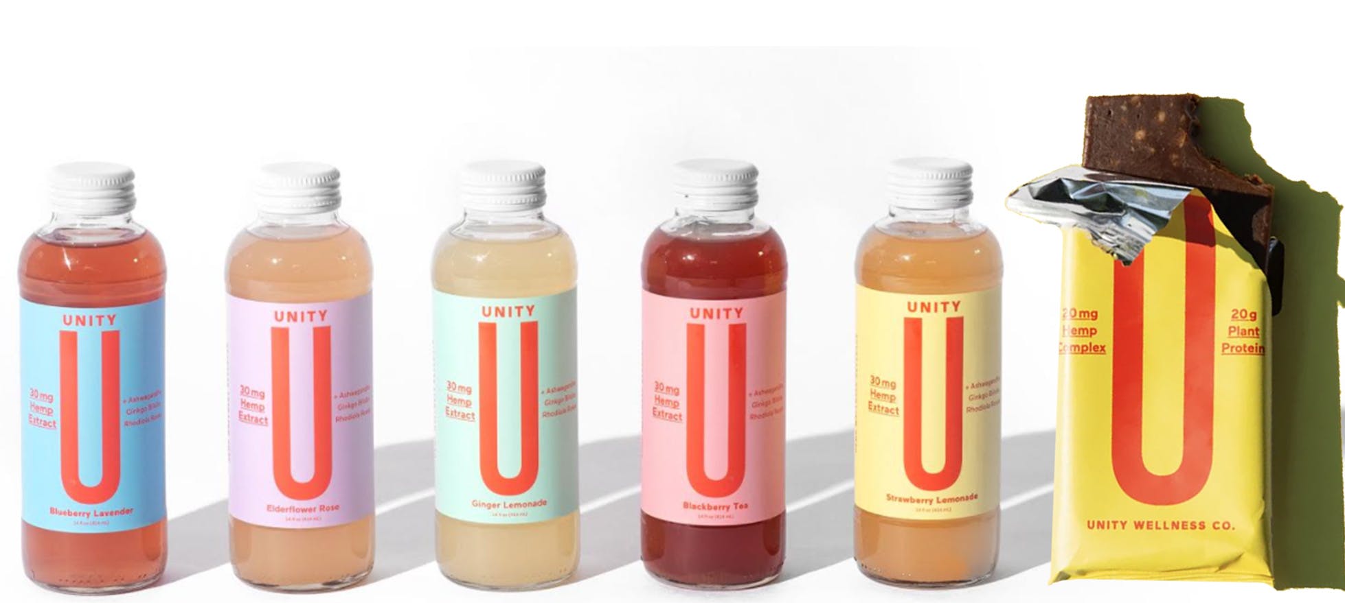 UNITY Wellness Co. CBD beverages and protein bars.