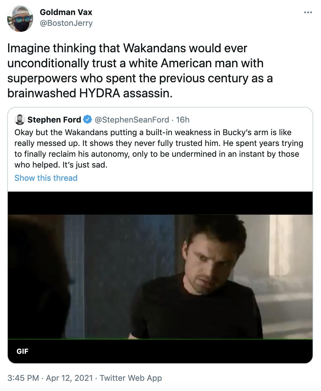 Imagine thinking that Wakandans would ever unconditionally trust a white American man with superpowers who spent the previous century as a brainwashed HYDRA assassin.