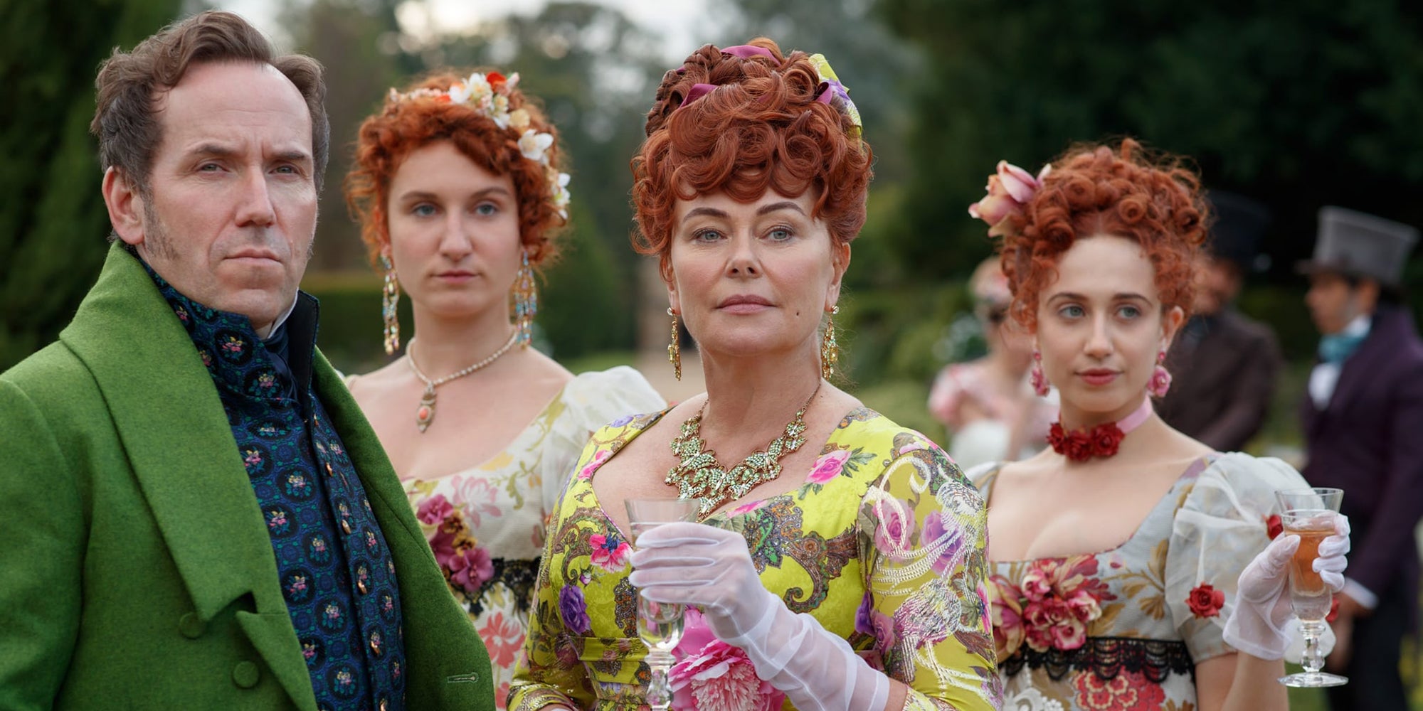 Members of the Featherington family from the show Bridgerton.