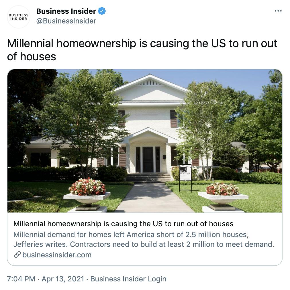 'Millennial homeownership is causing the US to run out of houses' link to article with a photograph of a white McMansion