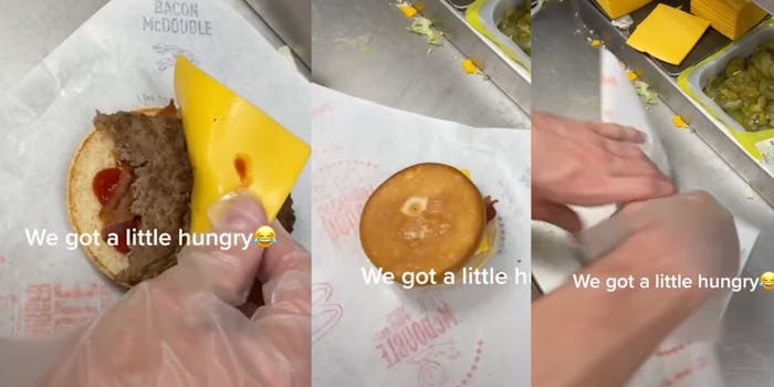 Video shows employee making burger with half-eaten patty and wrapping it up to send to the front