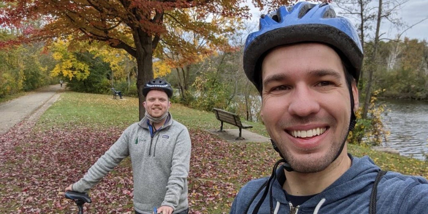 Jim Pagels (front) with his friend Finn Vigeland