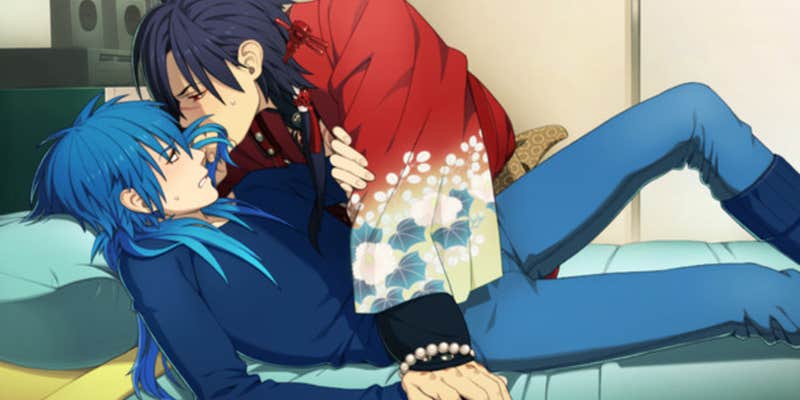Romantic cutscene from yaoi visual novel DRAMAtical Murder