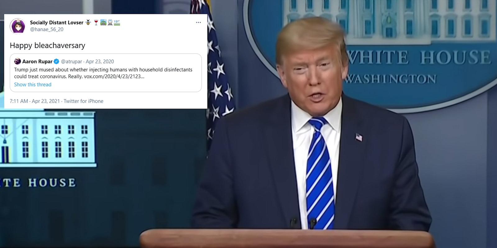 Former President Donald Trump speaking at a press conference on April 23, 2020. A tweet is next to him mocking the one year anniversary of him talking about an 'injection' of disinfectant to combat the coronavirus pandemic.