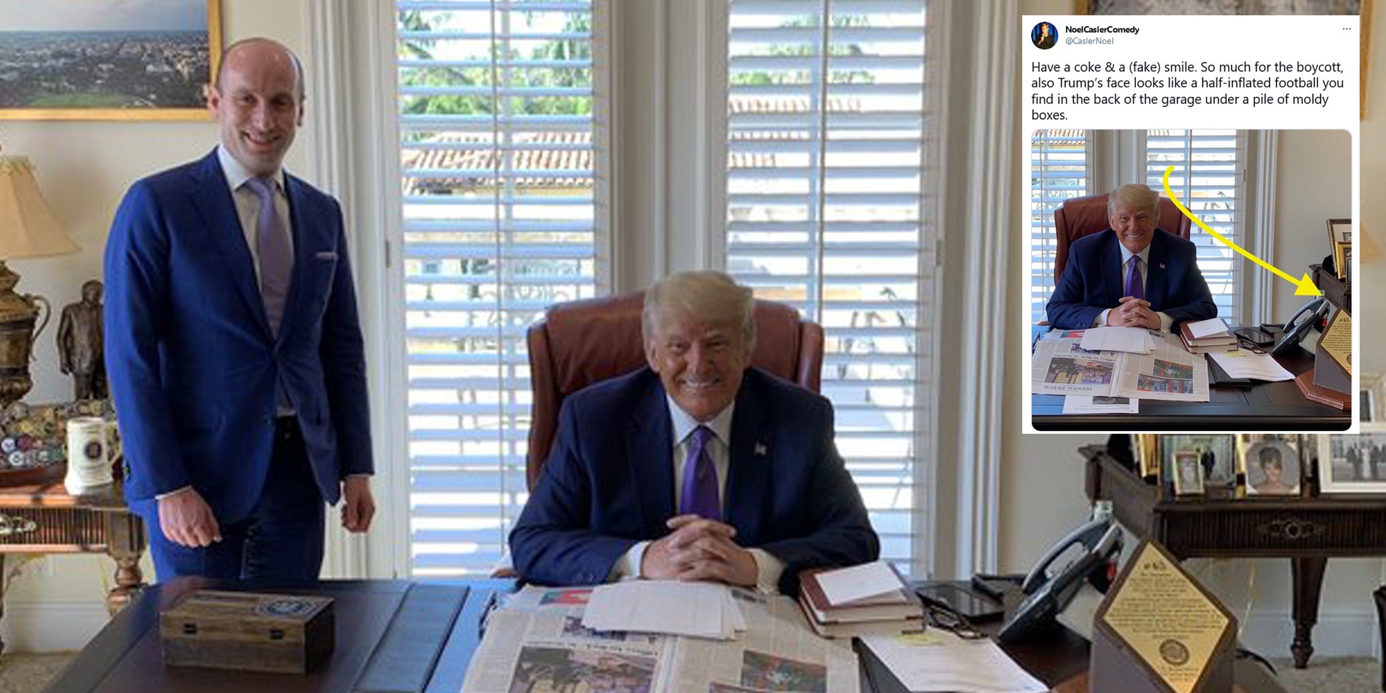 A photo of Stephen Miller and Donald Trump with a tweet next to it pointing out that Trump hid a bottle of Coke behind a phone on his desk.