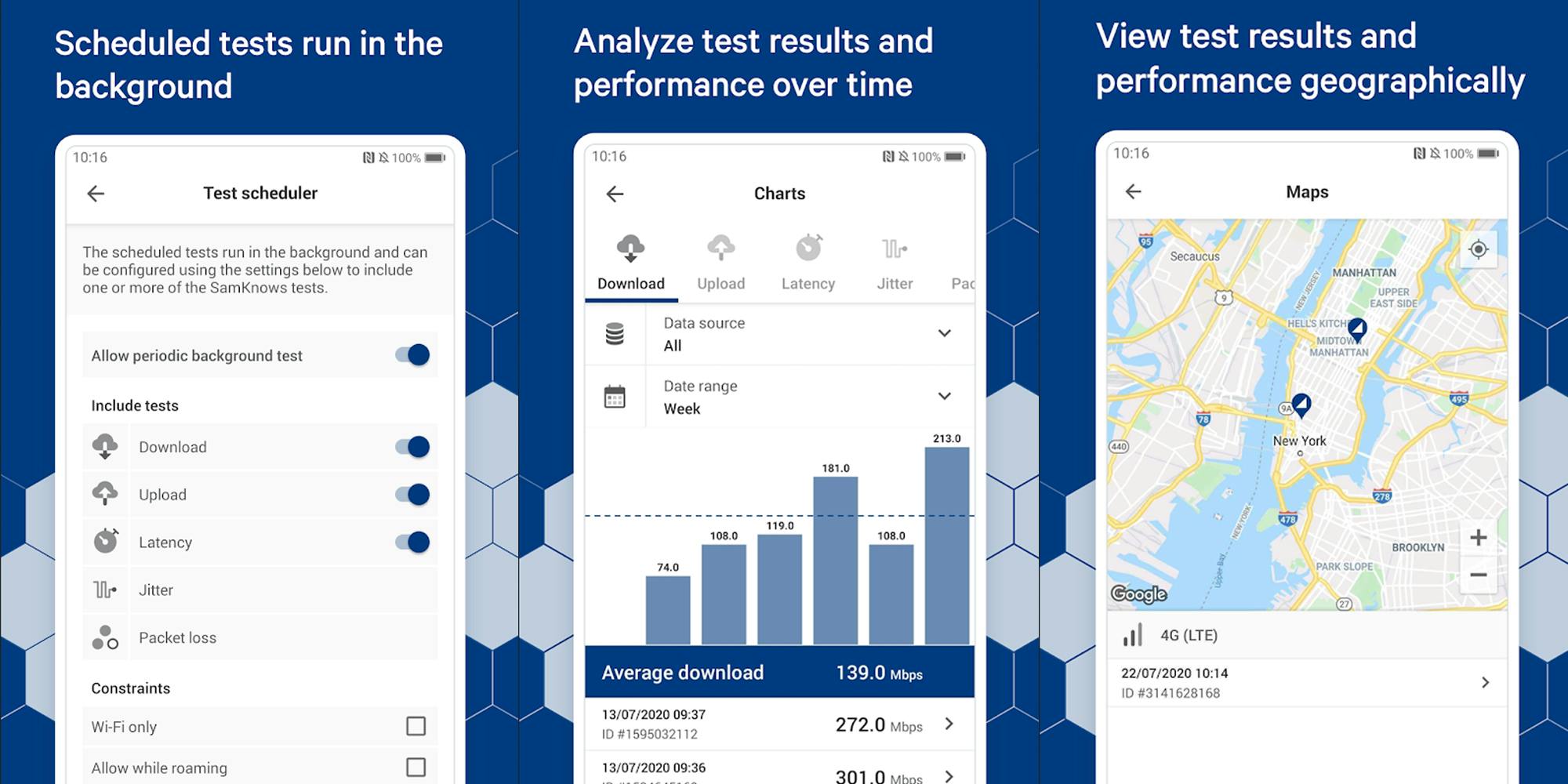 Three screenshots from the FCC Internet Speed Test App