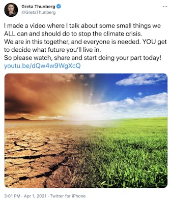 "I made a video where I talk about some small things we ALL can and should do to stop the climate crisis. We are in this together, and everyone is needed. YOU get to decide what future you’ll live in. So please watch, share and start doing your part today! https://youtu.be/dQw4w9WgXcQ" picture of dried up earth under an orange sky turning grassy beneath a blue sky