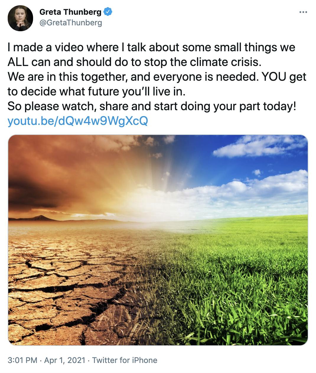 'I made a video where I talk about some small things we ALL can and should do to stop the climate crisis. We are in this together, and everyone is needed. YOU get to decide what future you’ll live in. So please watch, share and start doing your part today! https://youtu.be/dQw4w9WgXcQ' picture of dried up earth under an orange sky turning grassy beneath a blue sky