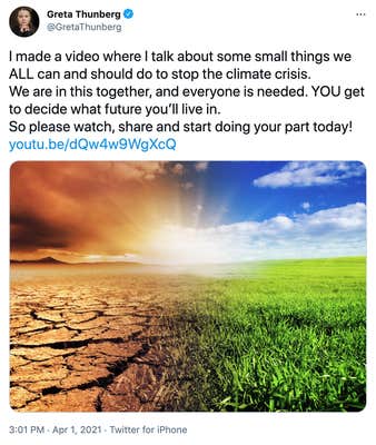 "I made a video where I talk about some small things we ALL can and should do to stop the climate crisis. We are in this together, and everyone is needed. YOU get to decide what future you’ll live in. So please watch, share and start doing your part today! https://youtu.be/dQw4w9WgXcQ" picture of dried up earth under an orange sky turning grassy beneath a blue sky