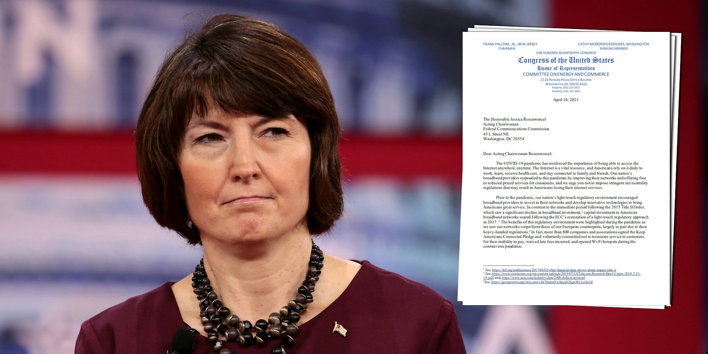 Rep. Cathy McMorris-Rodgers next to a letter sent by House Republicans to Acting FCC Chair Jessica Rosenworcel arguing against restoring net neutrality rules.