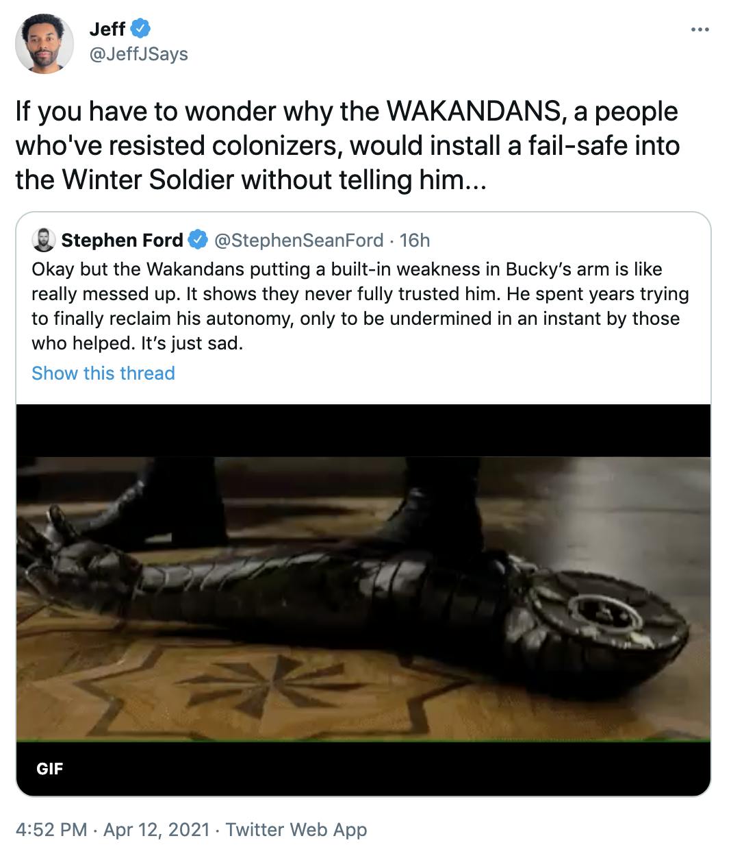 If you have to wonder why the WAKANDANS, a people who've resisted colonizers, would install a fail-safe into the Winter Soldier without telling him...
