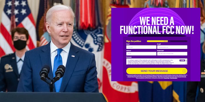 Joe Biden at a podium next to a screenshot of BattlefortheNet.com's petition urging Biden to fill out the FCC with a commissioner without telecom ties.