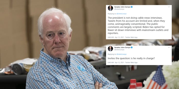 Sen. John Cornyn leaning in a chair and looking away. Next to him are two tweets where he asks whether Joe Biden is 'in charge' and quotes a Politico story that notes his tweets are 'conventional.'