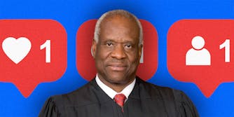 Judge Clarence Thomas over a background of social media icons.