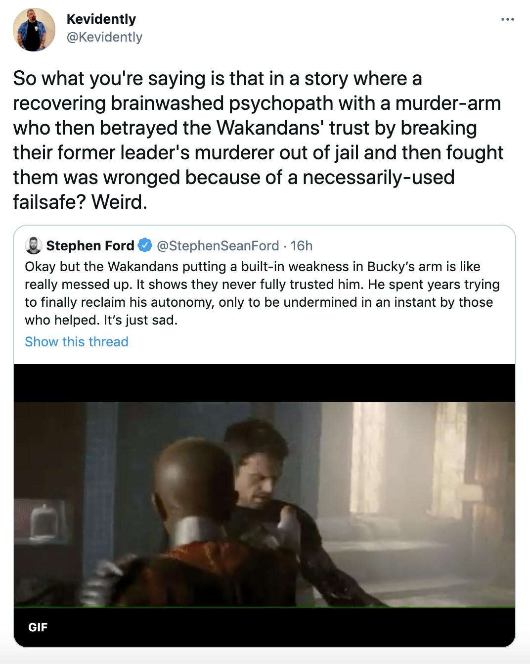 So what you're saying is that in a story where a recovering brainwashed psychopath with a murder-arm who then betrayed the Wakandans' trust by breaking their former leader's murderer out of jail and then fought them was wronged because of a necessarily-used failsafe? Weird.