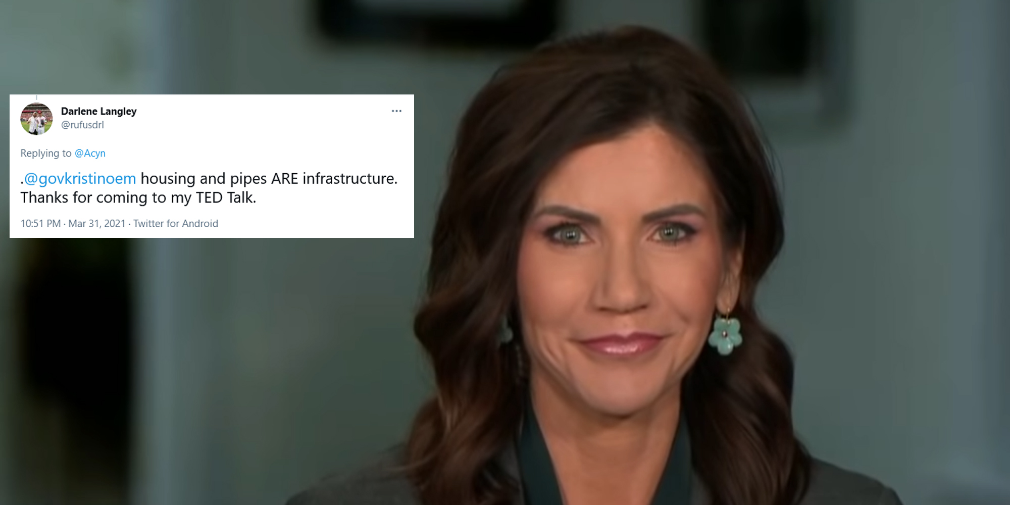 South Dakota Gov. Kristi Noem talking on Fox News about Joe Biden's infrastructure bill, next to a tweet criticizing her remarks.