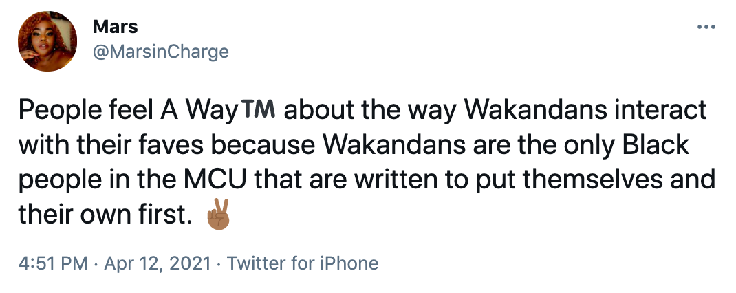 People feel A Way™️ about the way Wakandans interact with their faves because Wakandans are the only Black people in the MCU that are written to put themselves and their own first. ✌🏾
