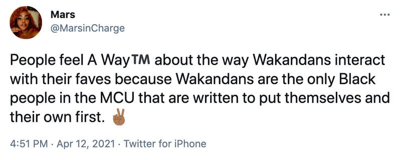 People feel A Way™️ about the way Wakandans interact with their faves because Wakandans are the only Black people in the MCU that are written to put themselves and their own first. ✌🏾