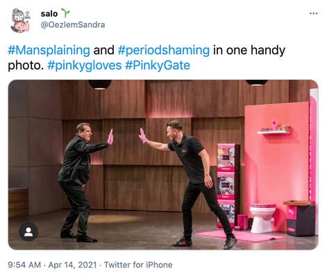 "#Mansplaining and #periodshaming in one handy photo. #pinkygloves #PinkyGate" photograph of the founders high fiving while wearing the pink gloves