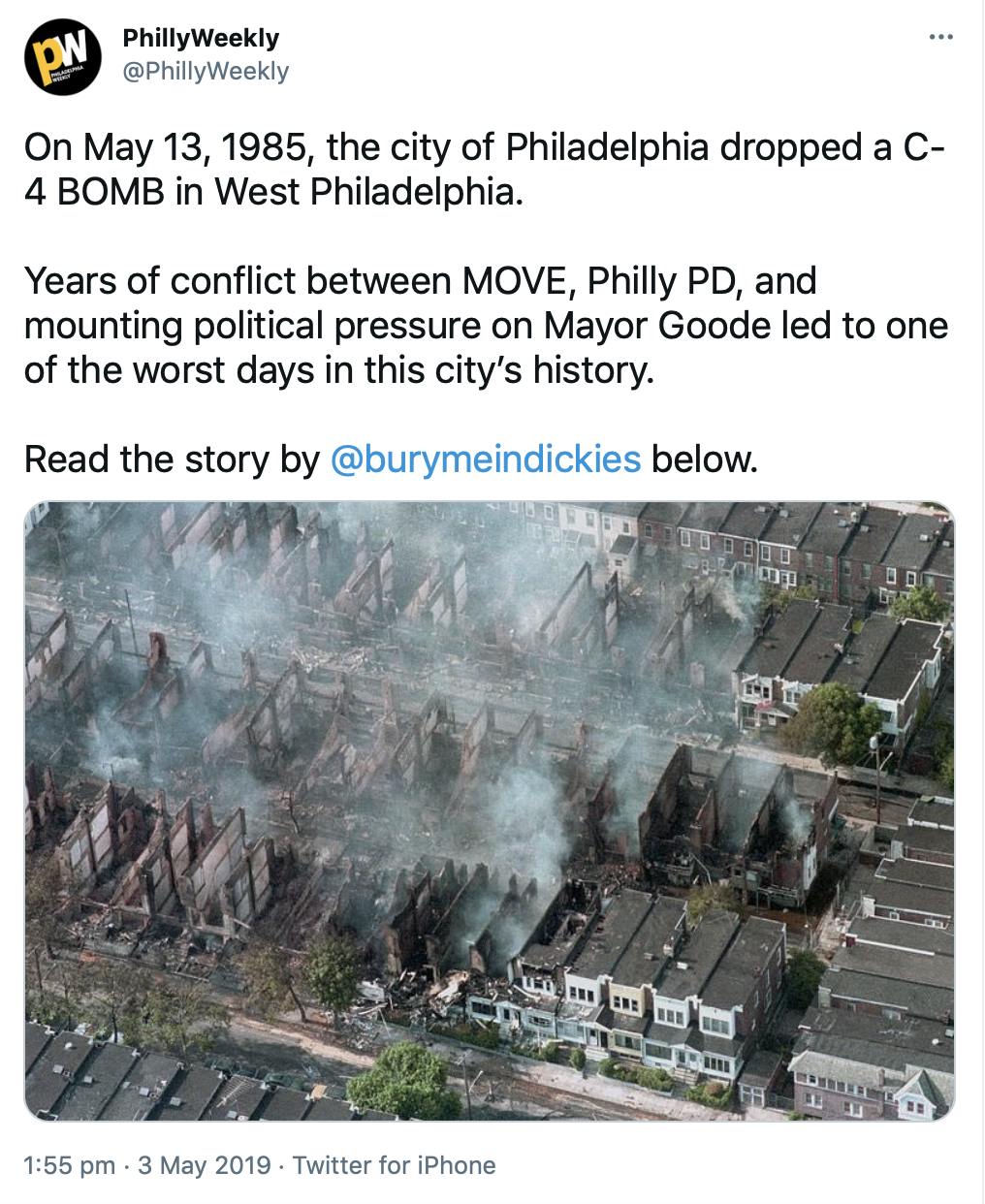 'On May 13, 1985, the city of Philadelphia dropped a C-4 BOMB in West Philadelphia. Years of conflict between MOVE, Philly PD, and mounting political pressure on Mayor Goode led to one of the worst days in this city’s history. Read the story by @burymeindickies below.' aerial photograph of burned out buildings, still smoking