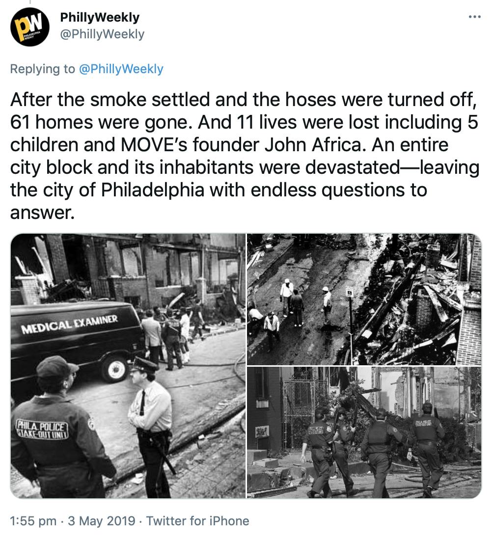 'After the smoke settled and the hoses were turned off, 61 homes were gone. And 11 lives were lost including 5 children and MOVE’s founder John Africa. An entire city block and its inhabitants were devastated—leaving the city of Philadelphia with endless questions to answer.' Black and white photographs of the aftermath of the fire showing rubble and officers standing around.