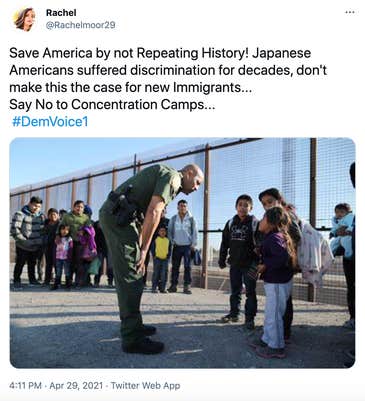 "Save America by not Repeating History! Japanese Americans suffered discrimination for decades, don't make this the case for new Immigrants... Say No to Concentration Camps...  #DemVoice1" photograph of a soldier leaning down to speak to latino children by the wall