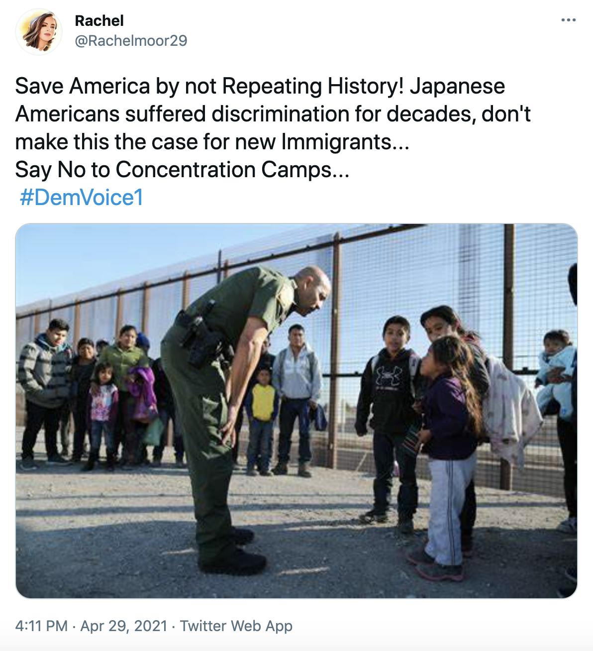 'Save America by not Repeating History! Japanese Americans suffered discrimination for decades, don't make this the case for new Immigrants... Say No to Concentration Camps... #DemVoice1' photograph of a soldier leaning down to speak to latino children by the wall