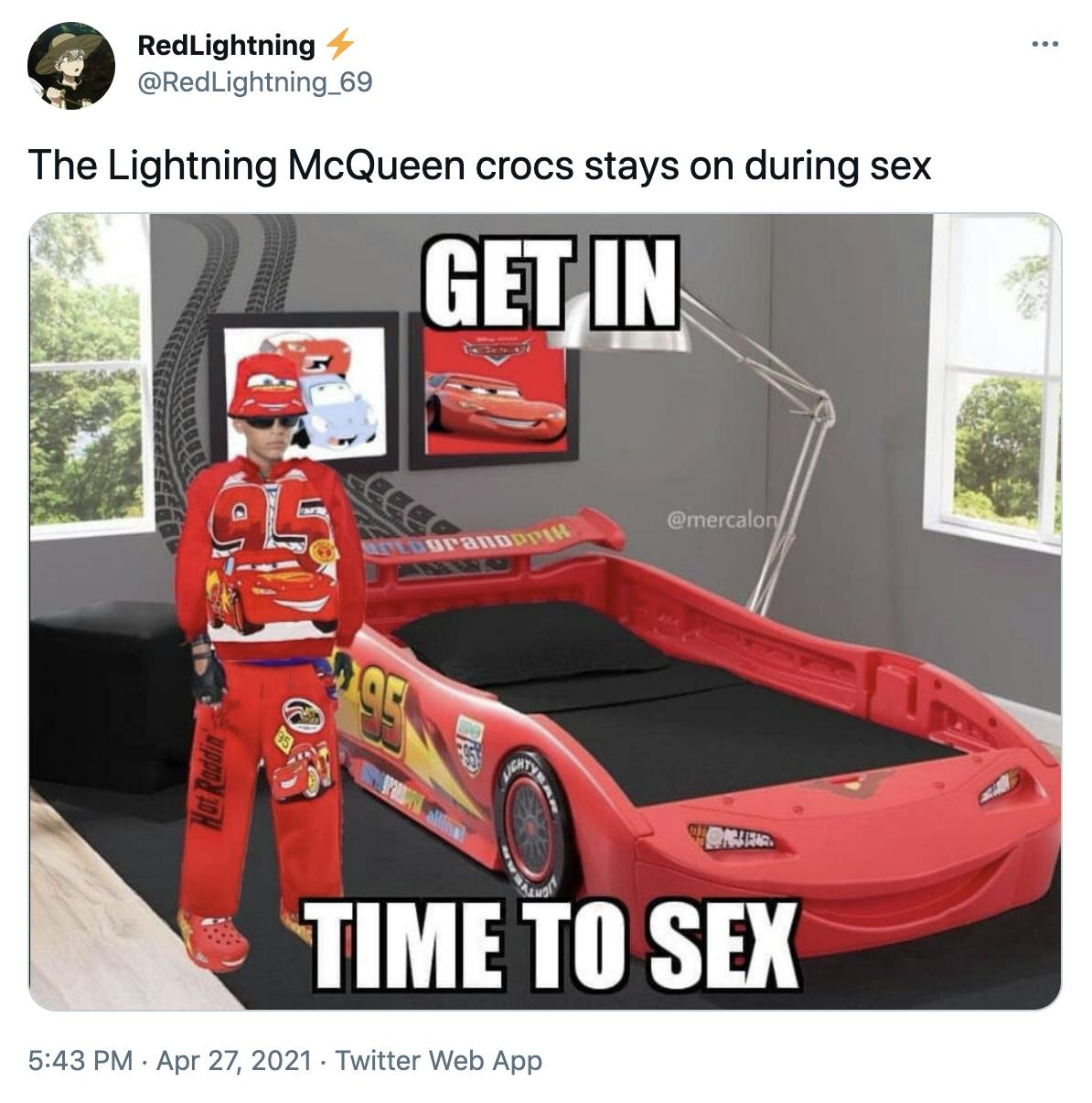 'The Lightning McQueen crocs stays on during sex' cgi figure wearing head to toe Lightning McQueen clothes by a Lightning McQueen racer bed and other accessories with the text 'get in time to sex'