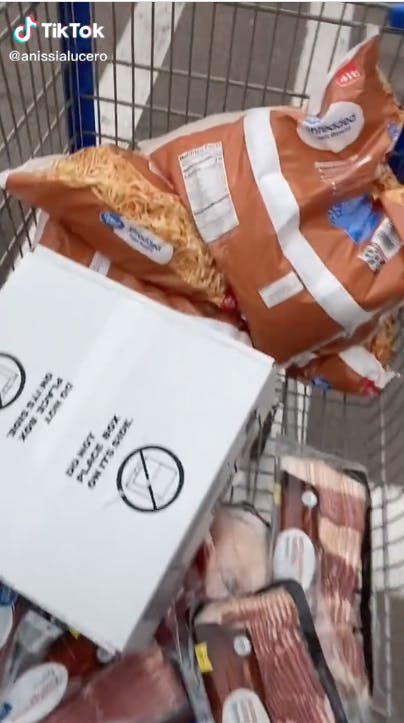 shopping cart of bacon and hash browns