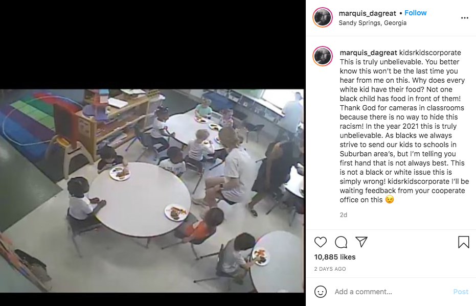 marquis_dagreat's instgram post featuring screensht featuring only the white kids in a daycare center class eating