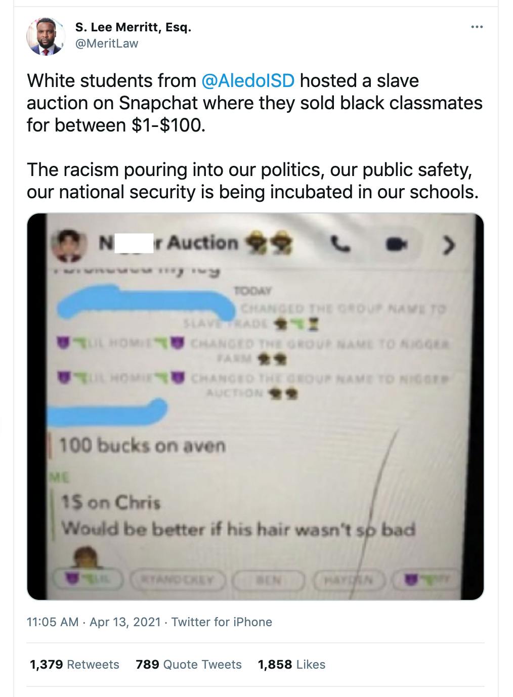 snapchat image of students discussing slave auction