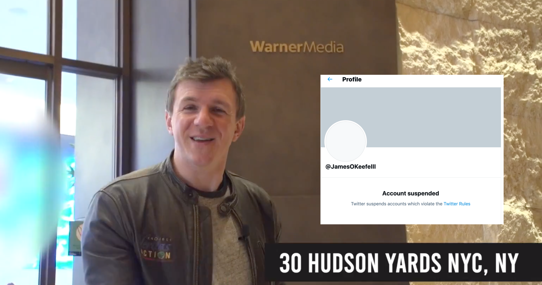 james o keefe in front of cnn building with screen shot of twitter supsension