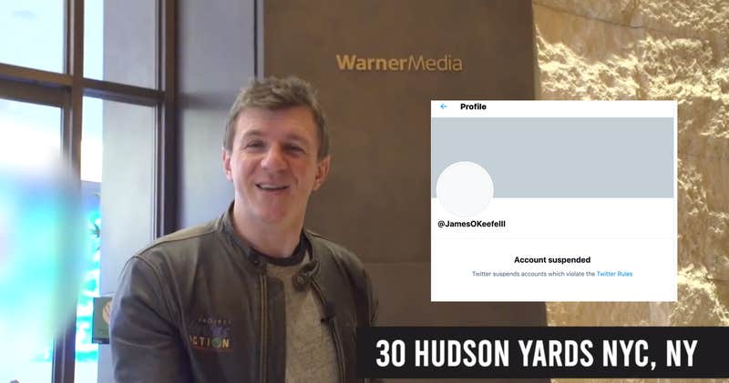 james o keefe in front of cnn building with screen shot of twitter supsension