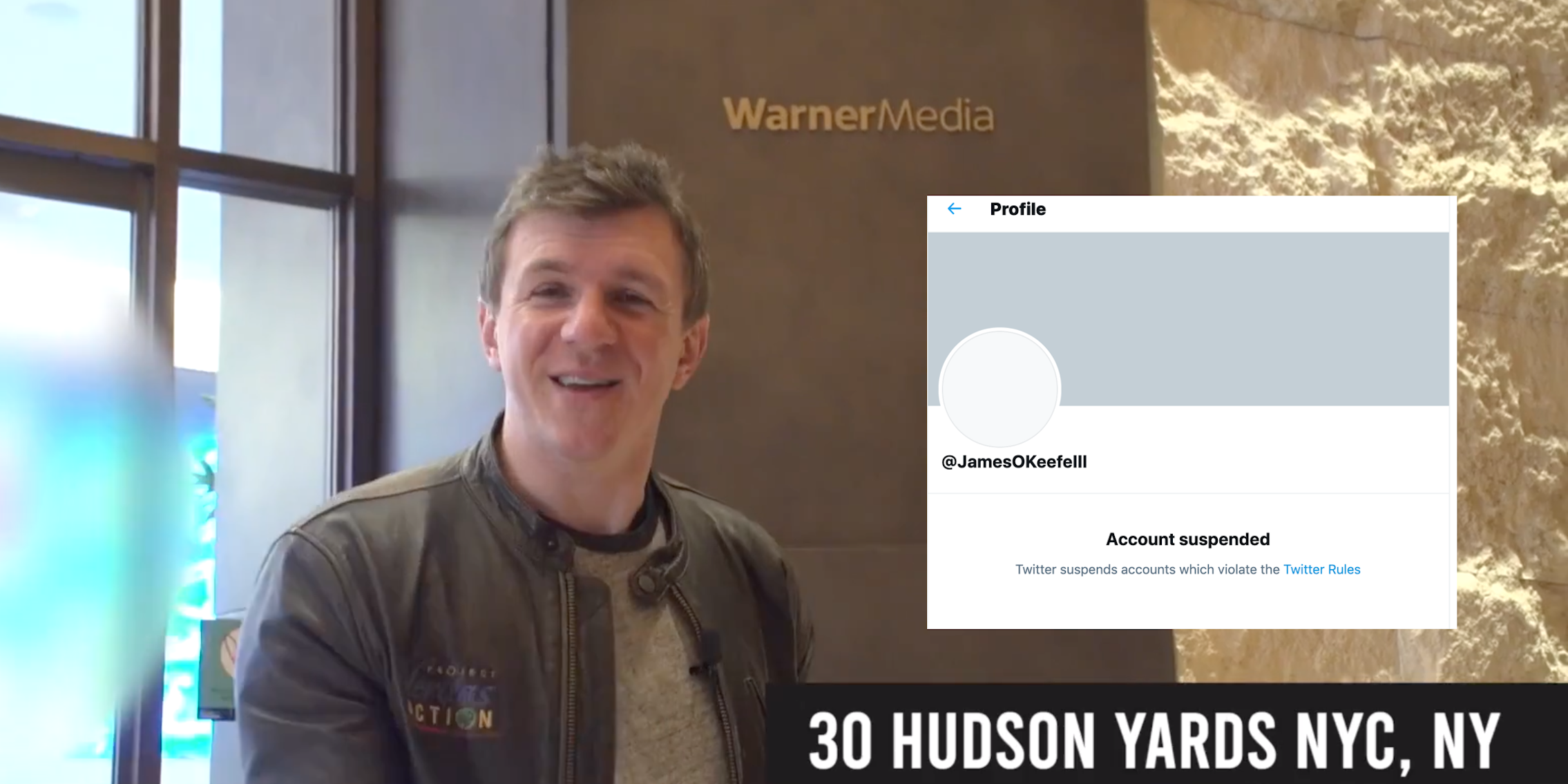 james o keefe in front of cnn building with screen shot of twitter supsension