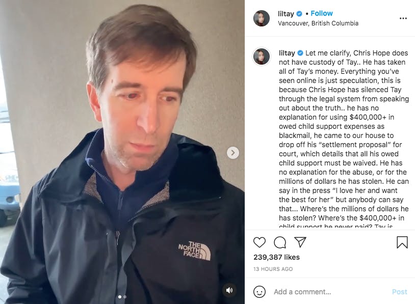 screenshot from lil tay's instgram post detailing alleged abuse by father
